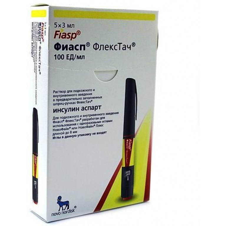 Фиасп р-р д/п/к и в/в введ. 100 ЕД/мл картриджи в шприц-ручках ФлексТач 3 мл №5