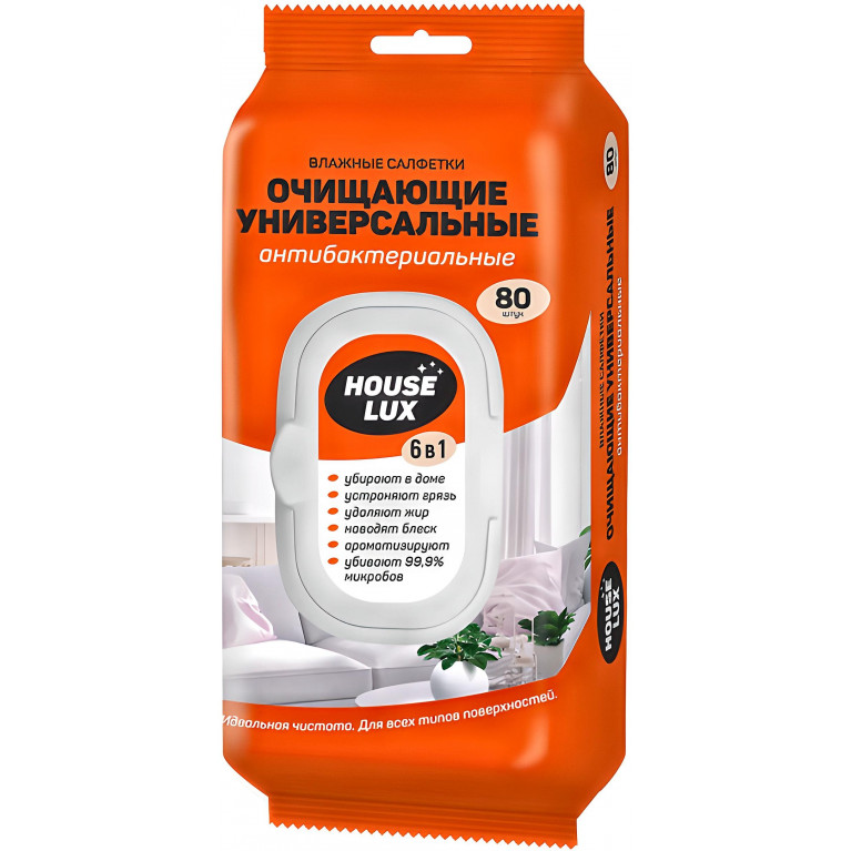 Салфетки влажные антибактериальные House Lux 6 в 1 пласт. клапан N80