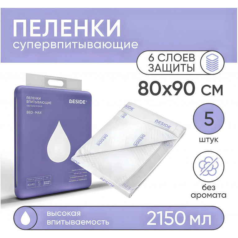 BESIDE Пеленки впитывающие BED MAX 80x90см (28709) №5