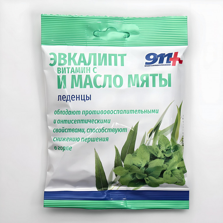 911 Ваша служба спасения Леденцы эвкалипт, витамин С и масло мяты без сахара 50 г