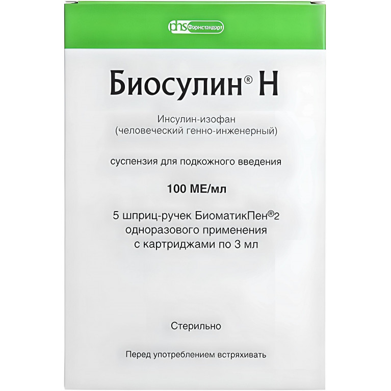 Биосулин Н сусп. д/подкож. введ. 100 МЕ/мл 3 мл картридж + шприц-ручка №5