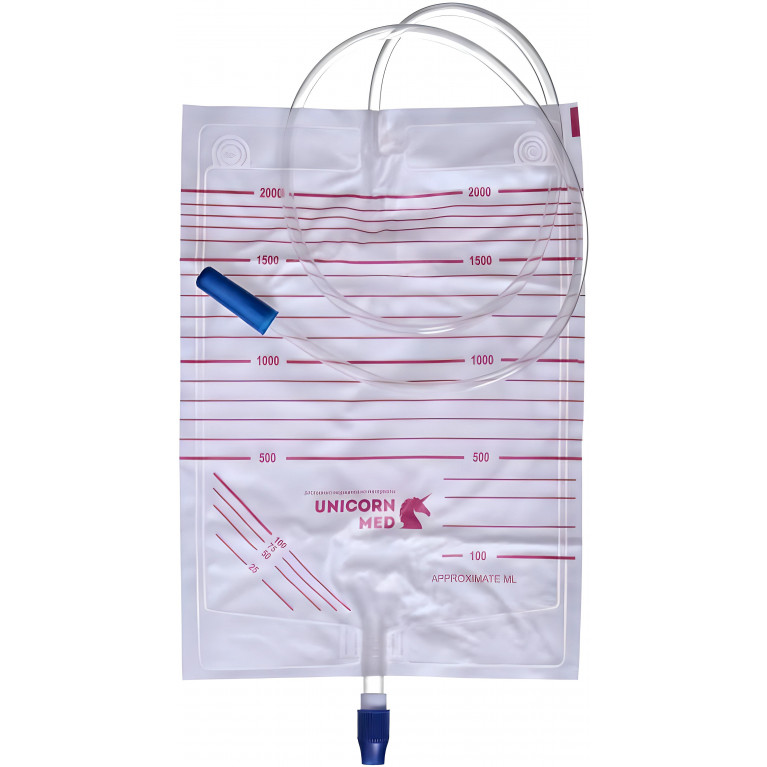 Мочеприемник одноразовый стерильный с крестовым краном для слива с приводной трубкой 2000 мл