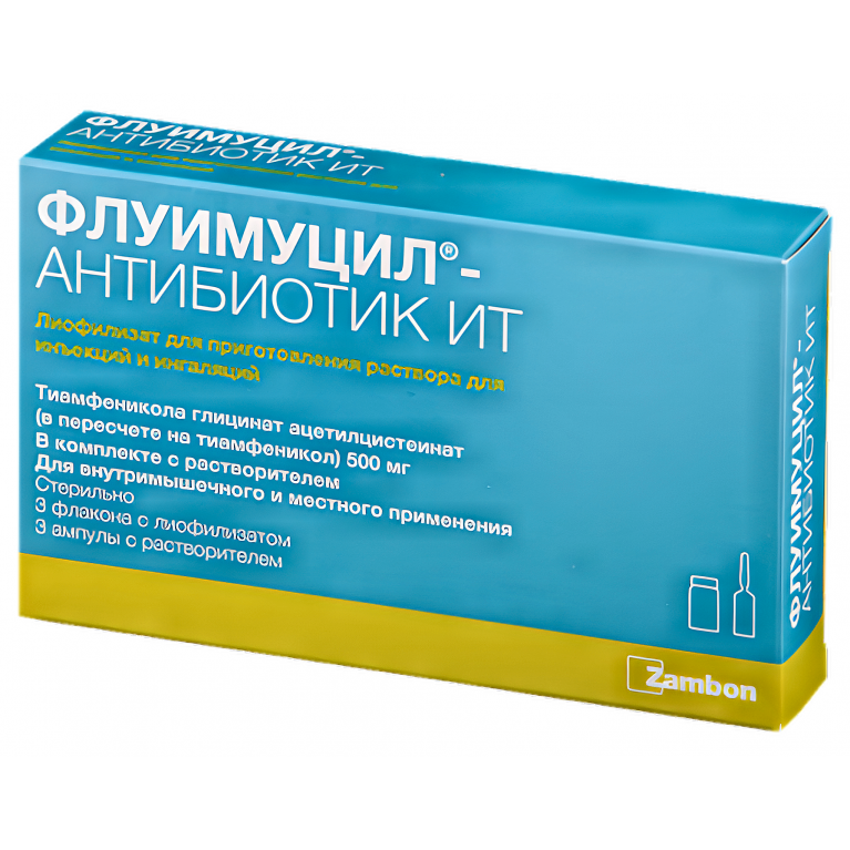 Флуимуцил Антибиотик ИТ лиоф. д/п р-ра д/ин. и инг. 500 мг фл. №3 с р-лем