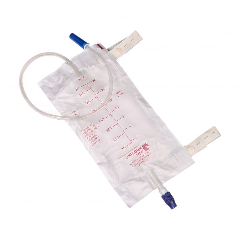 Мочеприемник одноразовый стерильный с прямым краном для слива с приводной трубкой 750 мл