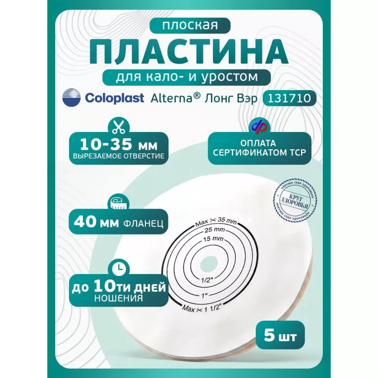 Колопласт Пластина Алтерна Лонг Вэр для длительного ношения с ушками вырезаемое отверстие 15-35 мм фланец 40 мм №5 (13171)